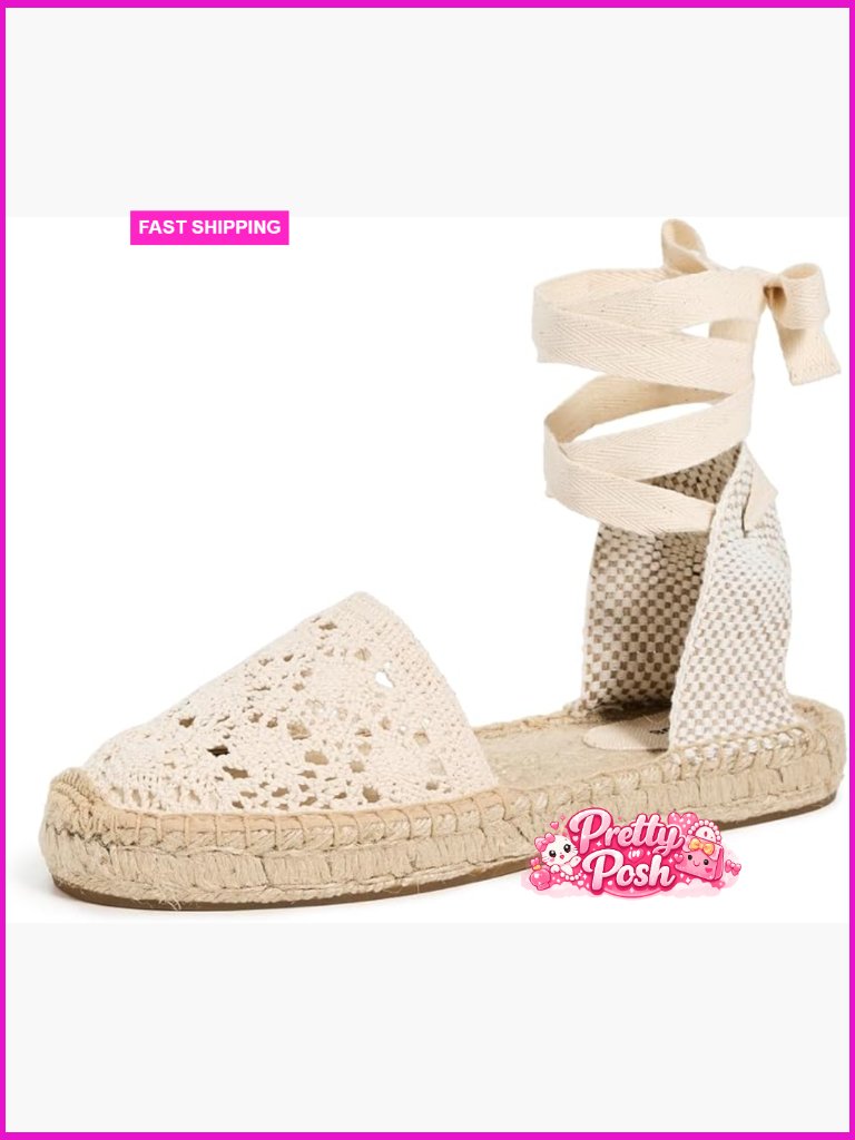Lace Up Crochet Espadrille Flat Sandals, Tie Ankle Straps, Jute Sole